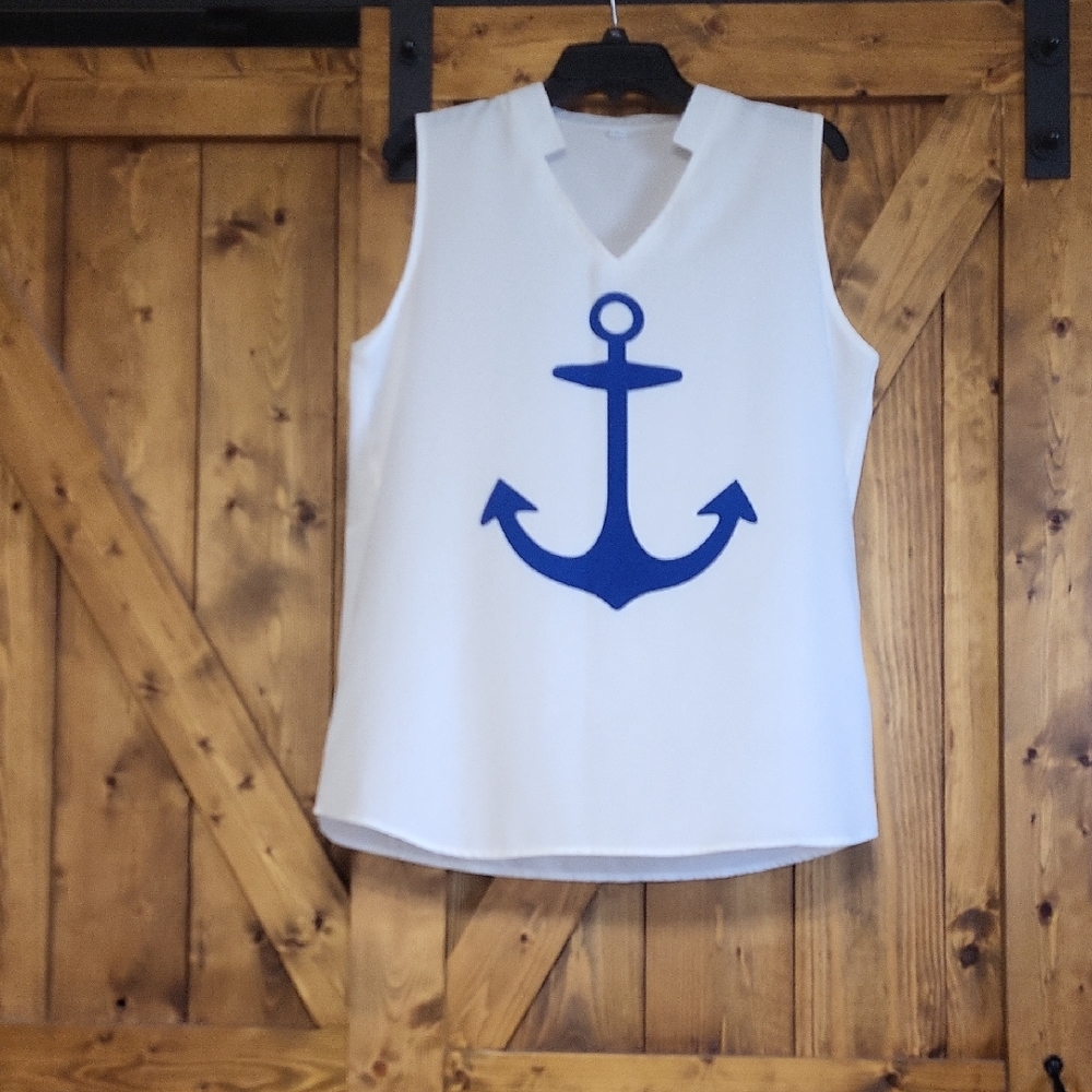 White Sleeveless Nautical Anchor Tank with Blue Print  ,sizeXL,pit To Pit 21
